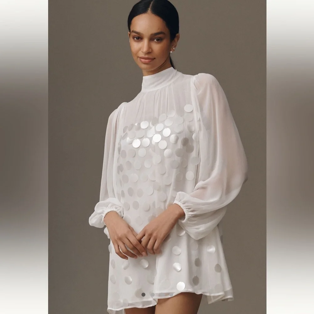 BHLDN White Sheer Long-Sleeve Mini Dress with Sequin Dots